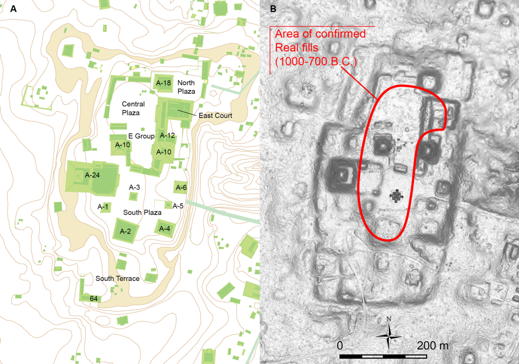 Artificial plateau construction at the Maya site of Ceibal, Guatemala.
picture B - DEM derived from LiDAR.