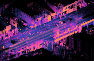 Orthographic projection of a registered point cloud captured over 18 seconds using an Ouster OS1 lidar mounted on a moving car.