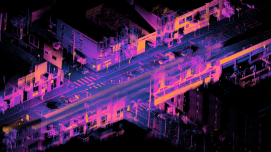 Orthographic projection of a registered point cloud captured over 18 seconds using an Ouster OS1 lidar mounted on a moving car.